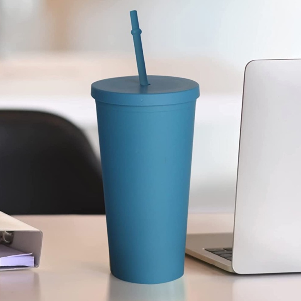 🆕 20oz Reusable Plastic Tumbler Acrylic Cup with Straw Navy Teal Blue